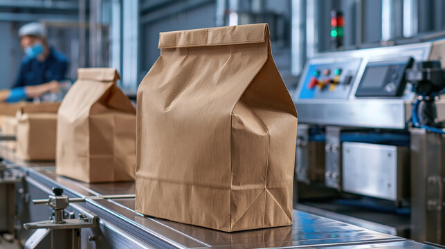 Production line manufacturing biodegradable paper packaging in clean modern factory with organized workflow and industrial realism