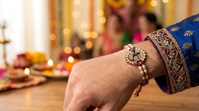 Rakhi Bandhan sacred thread ceremony celebration on wrist with festive background