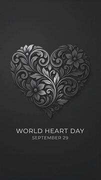 World Heart Day Floral Heart Ornament Glowing on Dark Background