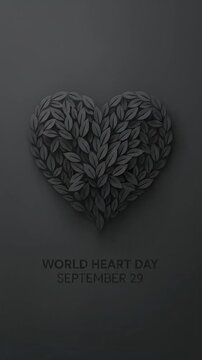 World Heart Day Greeting Animation with Dark Leaf Heart Symbol on Grey