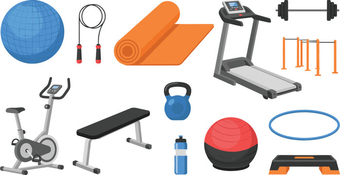 Fitness gym equipment icon set featuring stationary bike treadmill barbell and workout gear flat vector illustration