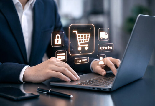 Business professional using a laptop with online shopping icons floating above the screen
