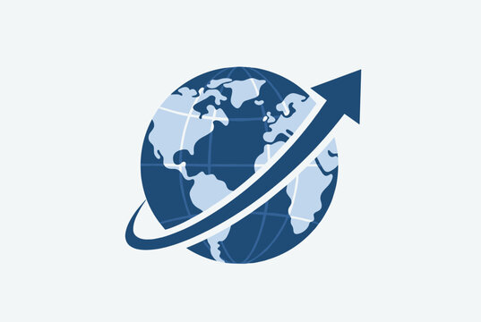 Symbol of global business or international logistics featuring a blue world globe with a rising arrow circling around it.