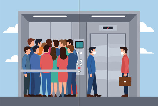 Comparison showing a crowded elevator versus social distancing with two people wearing masks for health and safety protocols.