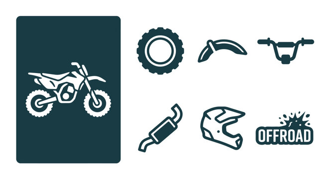 Minimalist dark teal dirt bike icon set featuring flat vector motocross elements like a motorcycle, knobby tire, helmet, handlebars, exhaust, and offroad text on a clean white background.