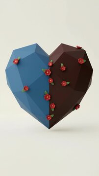 Split Blue and Brown Low Poly Heart Shape with Small Flowers Rotating