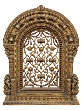 Arched South Indian temple window with floral lattice, botanical carving and concentric bronze ornament
