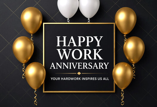 Celebrate work anniversary with elegant gold and white balloons and motivational message frame design