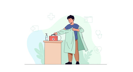 Fototapeta premium Doctor Putting On Lab Coat, Medical Kit, Healthcare Icons Transparent Background