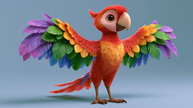 A joyful cartoon parrot with vibrant rainbow wings spread wide against a soft blue background celebrating diversity and happiness in a whimsical style