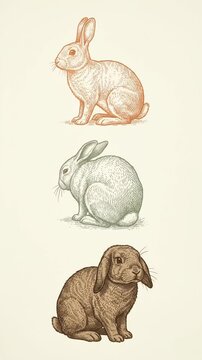 Vintage hand-drawn sketch of three colorful rabbits set against a plain cream background.