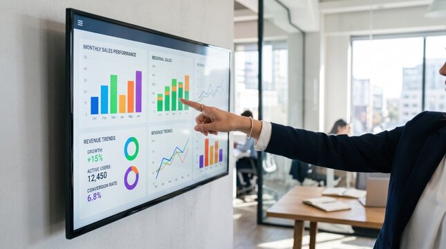 Business woman pointing at large wall mounted screen displaying monthly sales performance charts and revenue trends, data analysis, financial report, corporate meeting