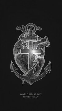 Vintage monochrome engraving of an anatomical heart and anchor emblem for World Heart Day on September 29.