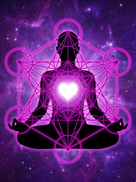 Meditation silhouette with glowing heart chakra and sacred geometry, meditation