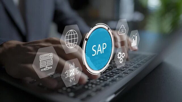 Digital SAP ERP system management concept. Person using laptop with SAP software, analytics and business process icons, enterprise solution and corporate data control.