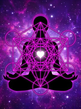 Meditation silhouette with glowing heart chakra and sacred geometry, meditation