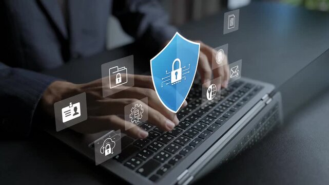 Digital AI cybersecurity and privacy management concept. Person using laptop with AI defense, encryption and padlock icons, network security and sensitive data protection.