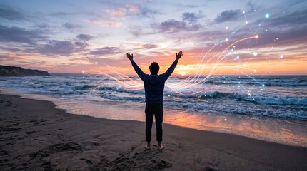 Fototapeta premium Man standing on beach at sunset with arms raised, futuristic digital network lines and glowing nodes connecting in sky, representing global connectivity, technology innovation