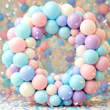 Colorful balloon arch decoration with pastel shades and confetti background perfect for parties and celebrations