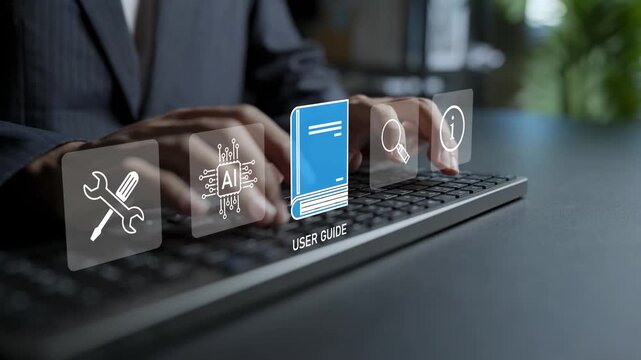 Digital user guide and manual documentation concept. Person typing keyboard with help book, instruction and setting icons, online technical support, user tutorial and service guide.