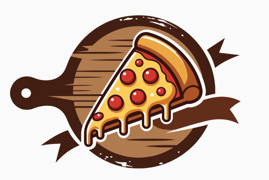 Delicious slice of pepperoni pizza with melting cheese sits on a round wooden board with a brown decorative ribbon.