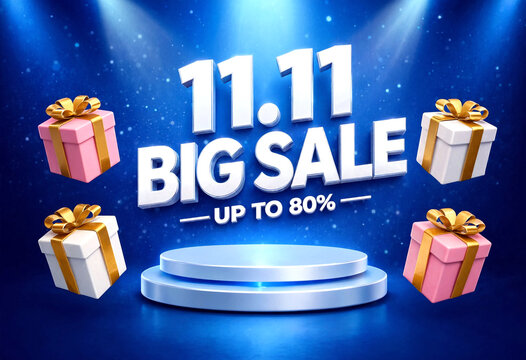 Colorful big sale event advertisement with gift boxes and podium for discounts up to eighty percent