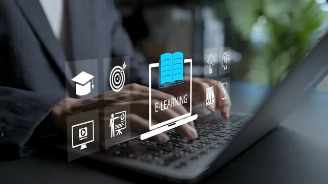 E-learning and platform digital education concept. Person using laptop with online course and book icons, graduation cap, distance learning, virtual classroom and smart study.