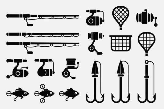 Detailed set of black fishing equipment icons includes rods, reels, nets, hooks, and fish lures for outdoor sports.