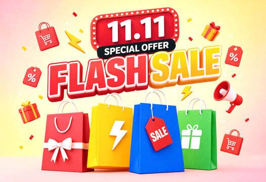 Colorful flash sale promotion banner with shopping bags and discount icons for special offer event