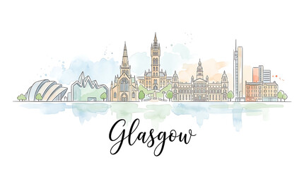 Fototapeta premium Stylized watercolor illustration of iconic Glasgow skyline with diverse architectural styles and cityscape elements in a