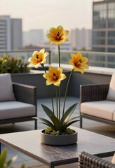 Fototapeta premium Rooftop garden oasis with yellow flowers, urban living and outdoor relaxation, modern patio decor and city views