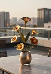Fototapeta premium Luxury rooftop living and urban elegance, decorative metal flowers in a vase on a modern patio table with city skyline