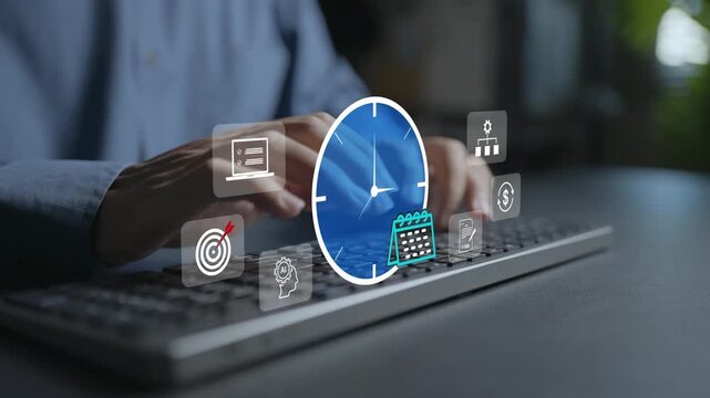 AI time management and smart scheduling concept. Person typing keyboard with AI assistant, timer and calendar icons, workflow automation, efficiency and productivity optimization.