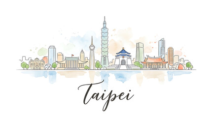 Obraz premium Elegant watercolor cityscape illustration of Taipei featuring iconic skyscrapers and traditional architecture