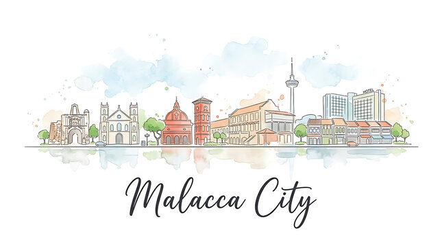 Stylized watercolor illustration of Malacca City skyline showcasing historical architecture and modern buildings in pastel shades