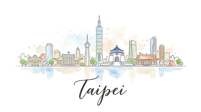 Elegant watercolor cityscape illustration of Taipei featuring iconic skyscrapers and traditional architecture