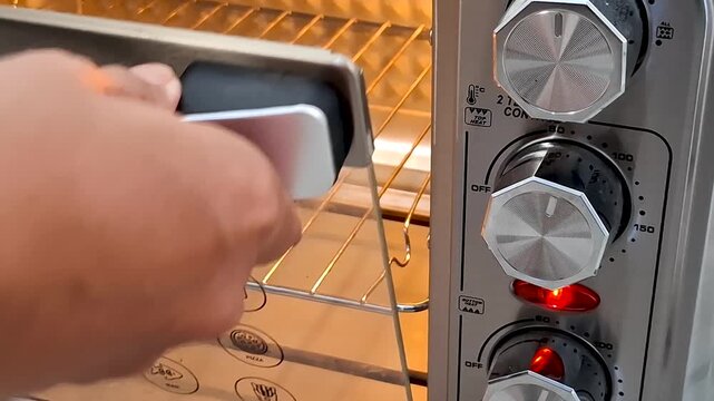 Close up of a kitchen oven interior with visible heating elements and cooking function icons on the door Hand adjusting controls preparing for baking or roasting