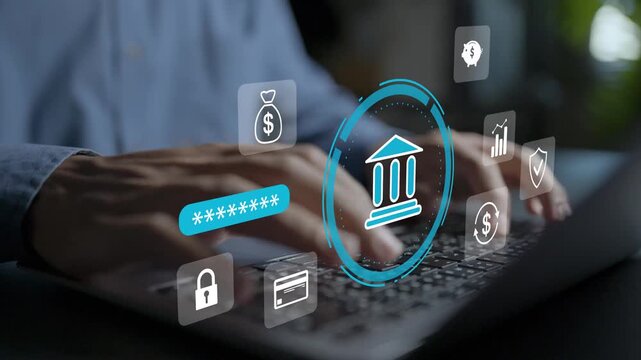 FinTech and digital banking technology concept. Person using laptop with financial data, wallet and transaction icons, automated online payment and corporate banking solution.
