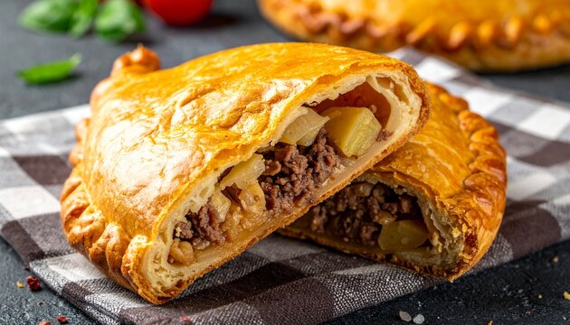 Freshly Baked Traditional Savory Cornish Pasty with Golden Flaky Crust Filled with Minced Beef and Diced Potatoes on Rustic Kitchen Table