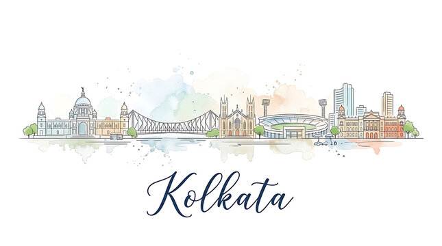 Elegant watercolor illustration of Kolkata's iconic skyline showcasing historic architecture and modern developments on a dreamy