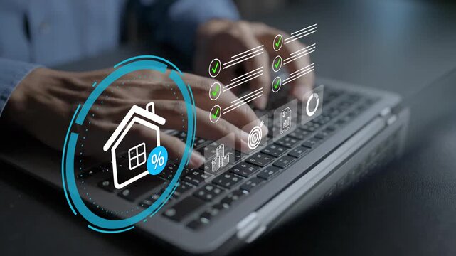 Real estate investment and property development concept. Person using laptop with house, growth chart and key icons, digital mortgage calculator, property trading and wealth growth.