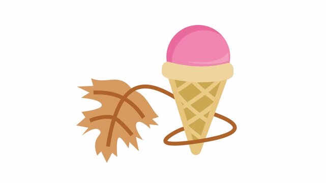 Pink ice cream cone wrapped with autumn leaf vine cartoon animation for fall seasonal dessert concept and Thanksgiving celebration element isolated on an alpha channel.