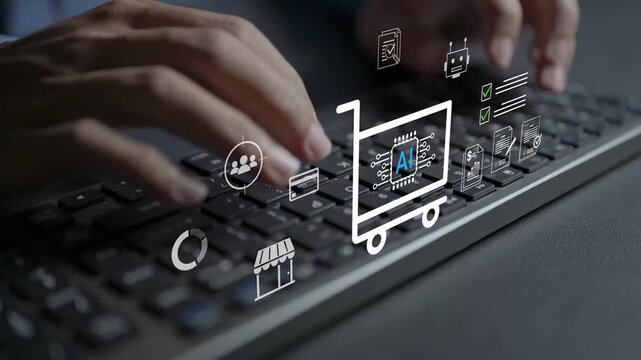 Smart AI commerce and automated shopping solution concept. Person typing keyboard with AI brain, online store and payment icons, intelligent customer targeting and digital marketplace.