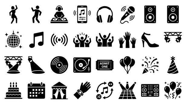 Social party and dance solid glyph icons with DJs music dancers disco and celebration vector collection