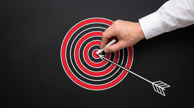 Businessman drawing a red target and arrow on a blackboard. Business goal, strategy, focus, and successful achievement