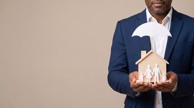 Businessman holding a wooden house model. Home insurance, property protection, and family security 