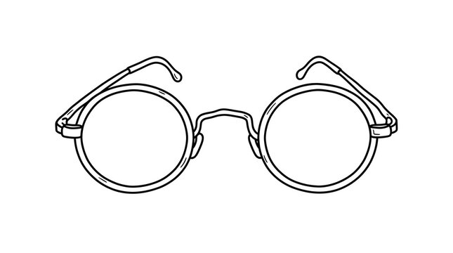Black and white line art illustration of classic round vintage eyeglasses. Minimalist outline design suitable for educational or retro concepts