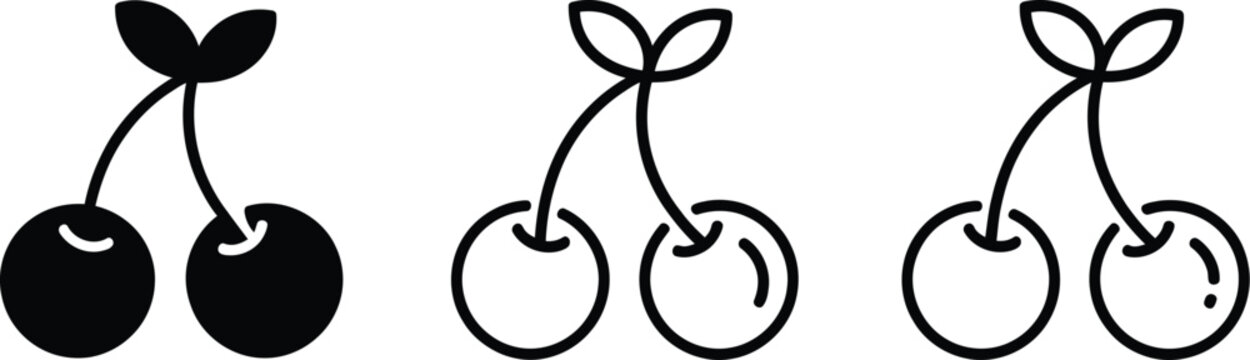 Fresh cherry fruit icon silhouette in bold outline and clean line art design for food, nutrition, agriculture, packaging, and branding.