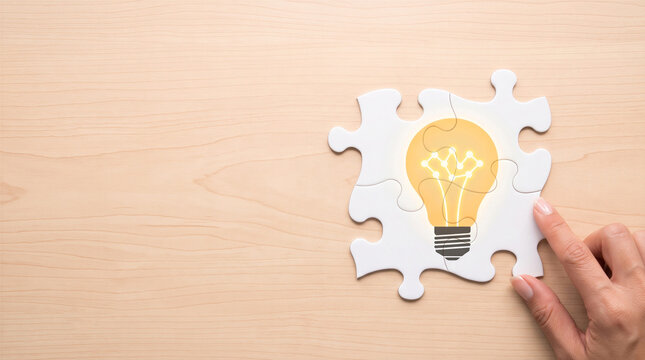 Hand putting missing puzzle piece for creative business idea, solution, and innovation 