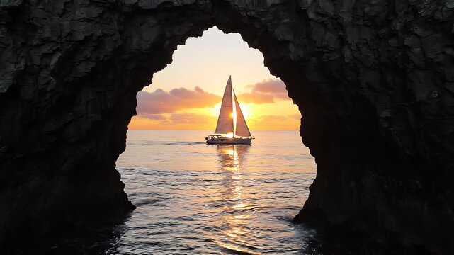 Sailboat framed by a sea cave arch during golden sunset
